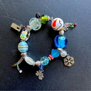 Murano Lampwork Glass Snowman with Foil Glass Beads Christmas Stretch Bracelet